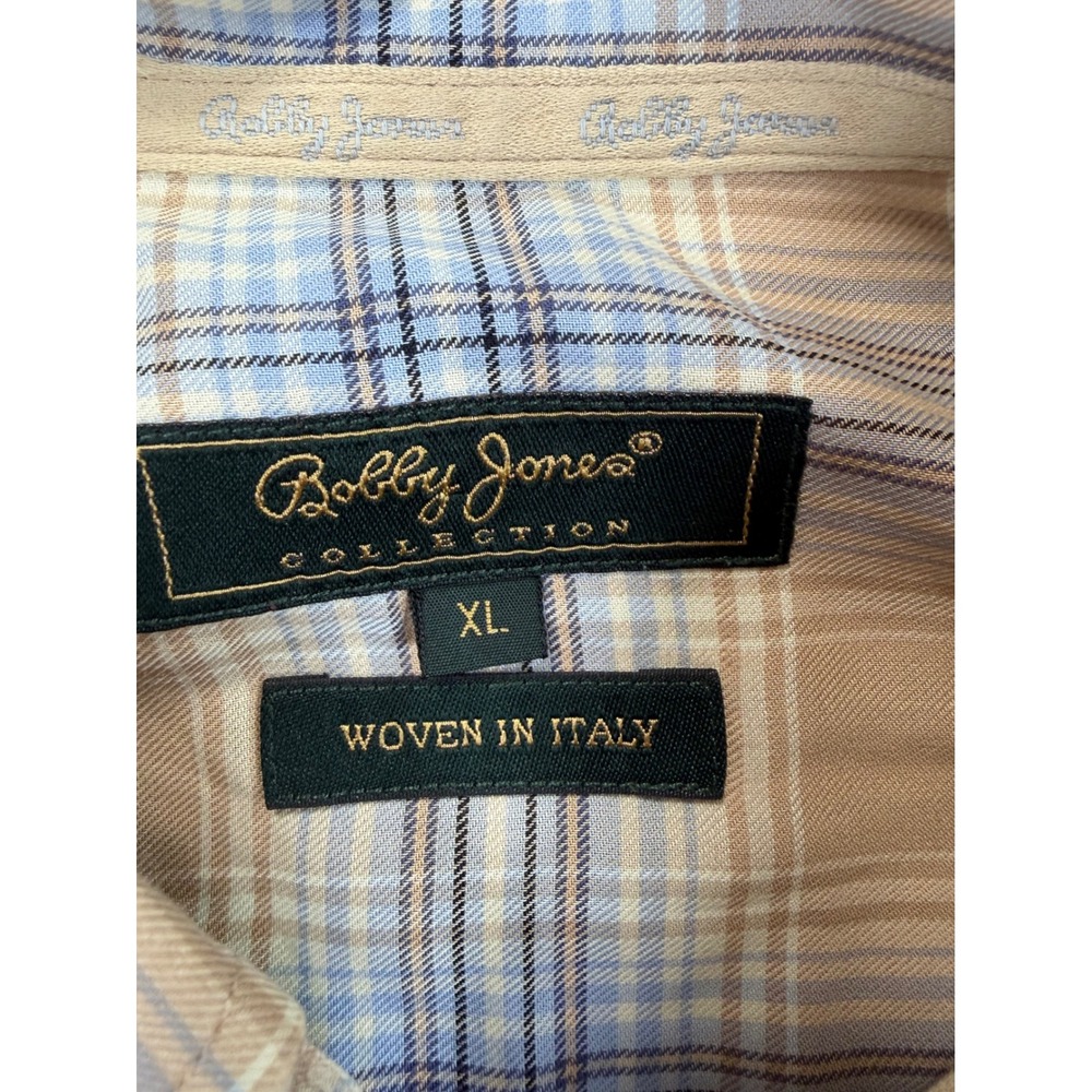 Bobby Jones Collection Mens XL Tan Blue Plaid Button Down Shirt Woven In Italy - Picture 4 of 8
